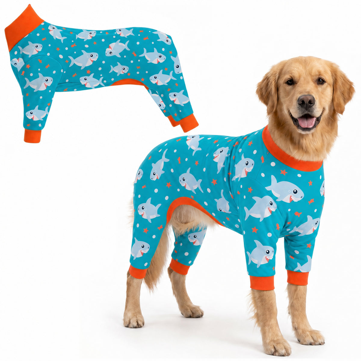 Dog wearing Shark Party Comfort Pajamas, size XX-Large, full body coverage from chest to legs