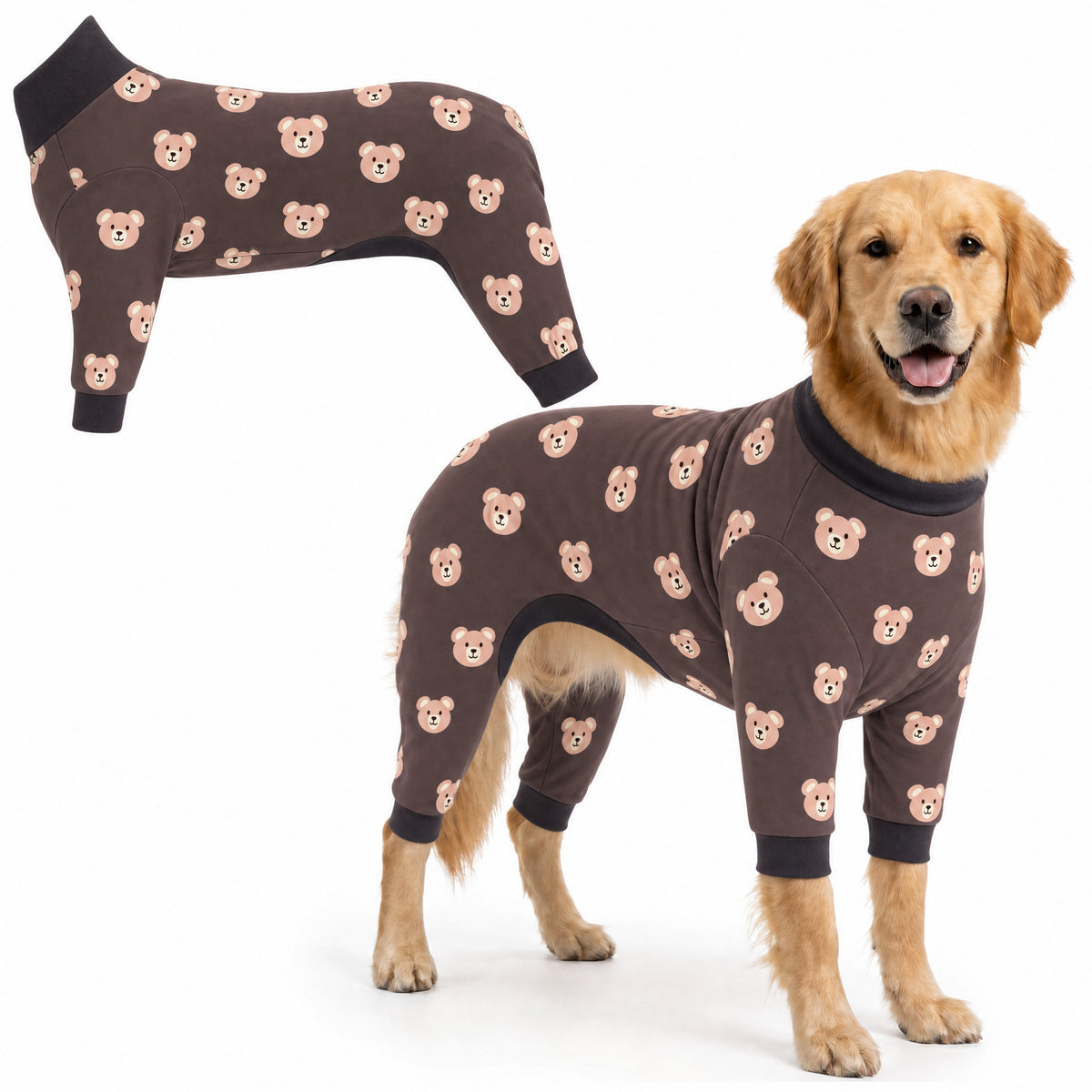 Dog wearing Cozy Bear Comfort Pajamas, size XX-Large, full body coverage from chest to legs