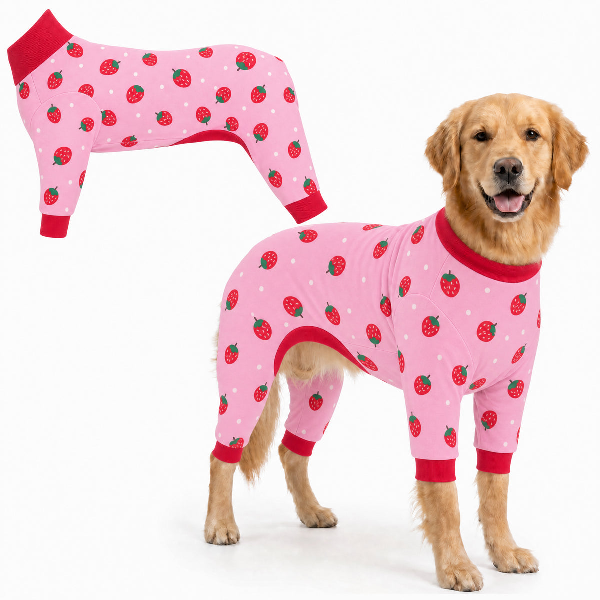 Dog wearing Strawberry Pop Comfort Pajamas, size XX-Large, full body coverage from chest to legs