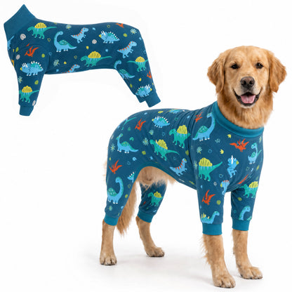 Dog wearing Dino World Comfort Pajamas, size XX-Large, full body coverage from chest to legs