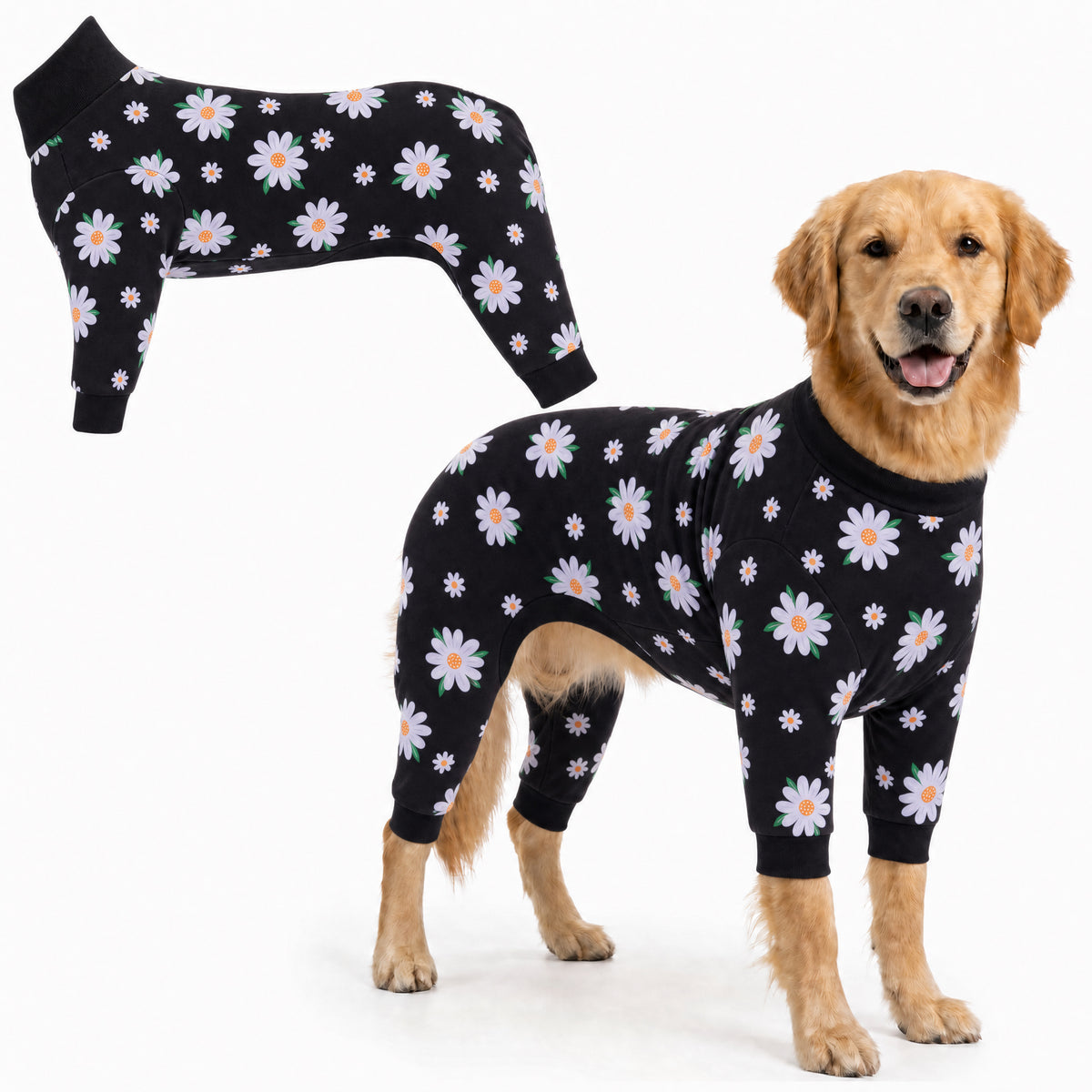 Dog wearing Daisy Bloom Comfort Pajamas, size XX-Large, full body coverage from chest to legs