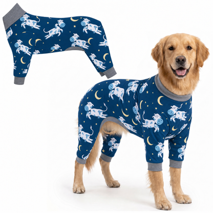 Dog wearing Dreamy Cows Comfort Pajamas, size XX-Large, full body coverage from chest to legs