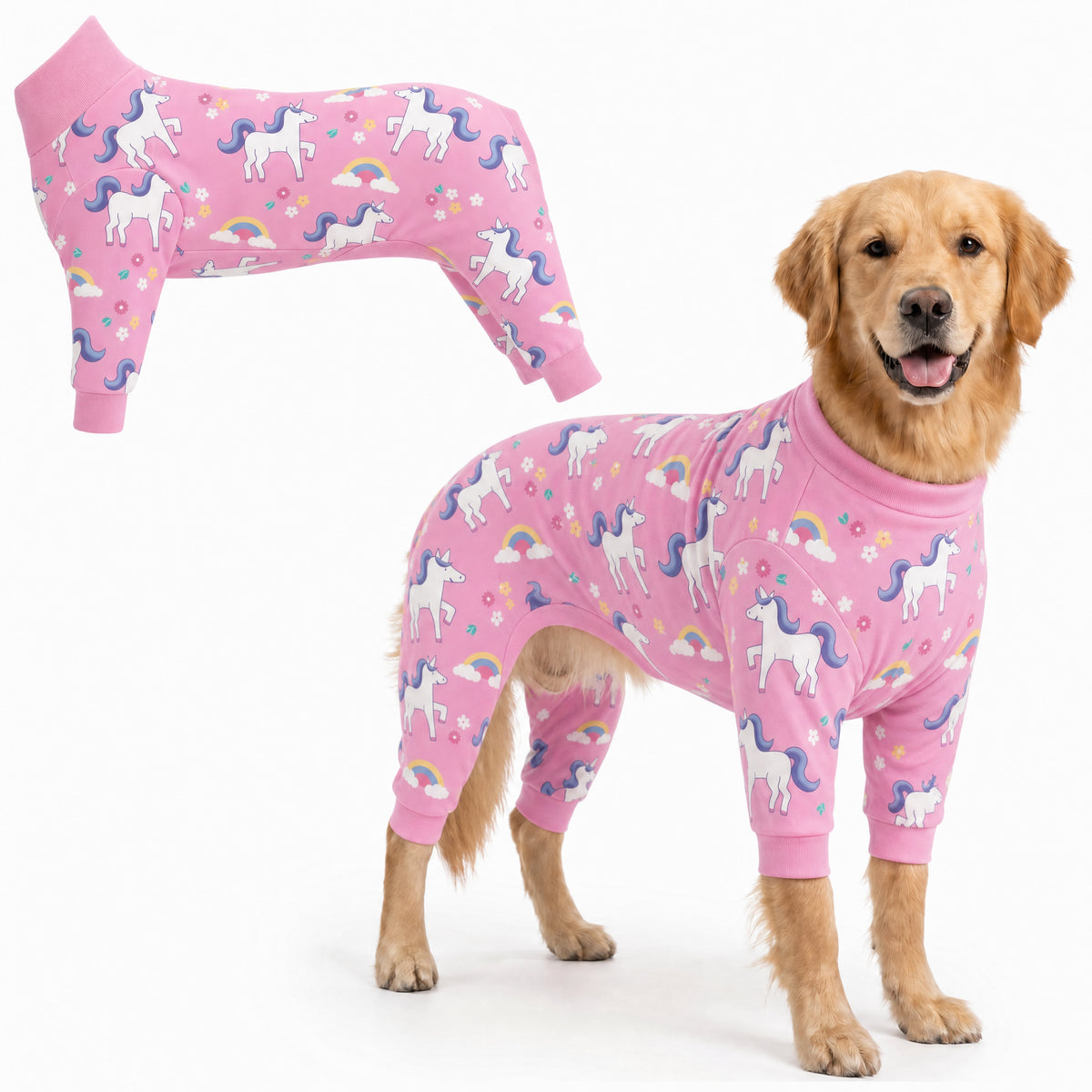 Dog wearing Unicorn Magic Comfort Pajamas, size XX-Large, full body coverage from chest to legs