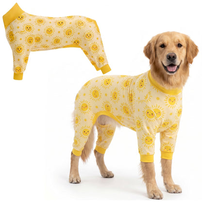 Dog wearing Happy Sunshine Comfort Pajamas, size XX-Large, full body coverage from chest to legs