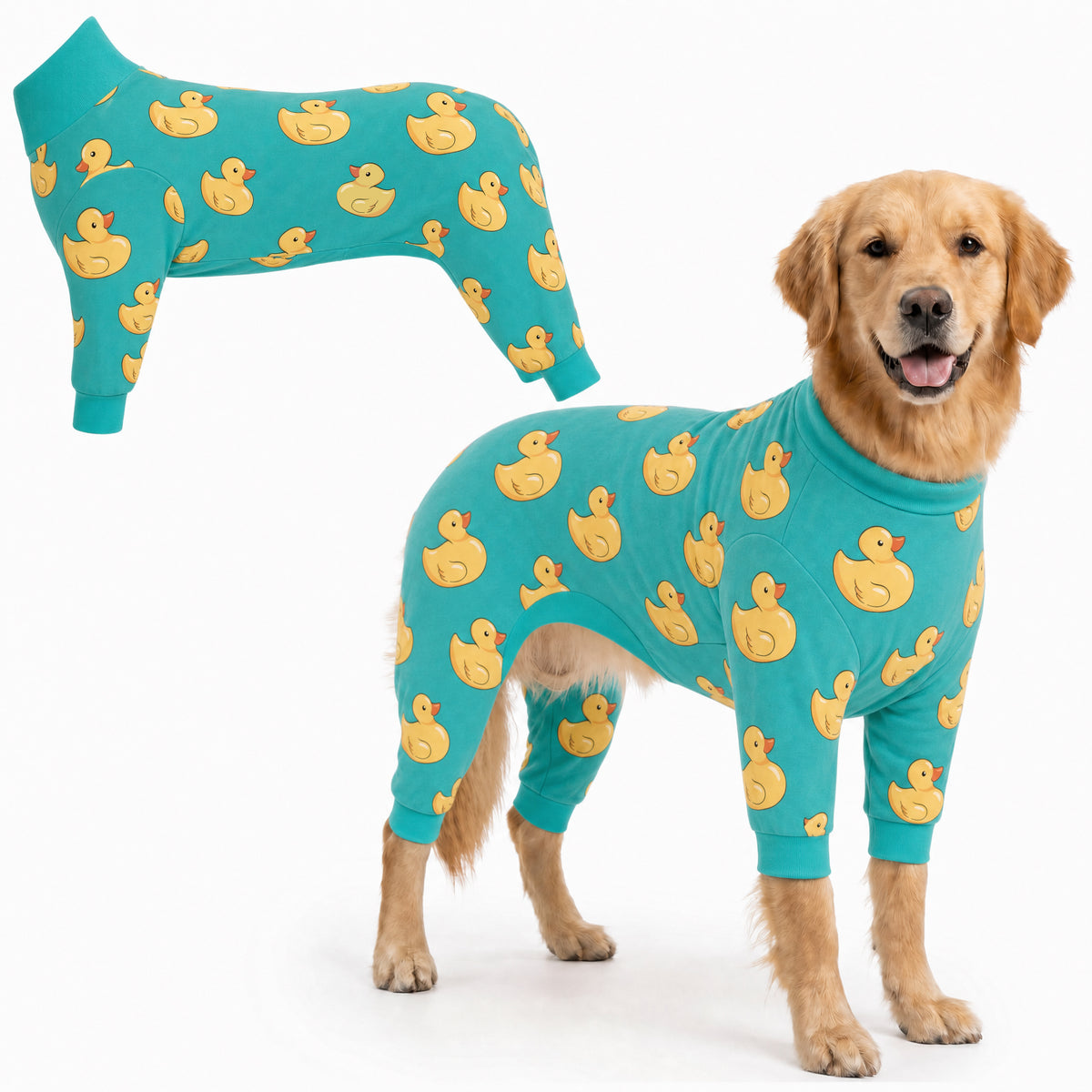 Dog wearing Duck Splash Comfort Pajamas, size XX-Large, full body coverage from chest to legs
