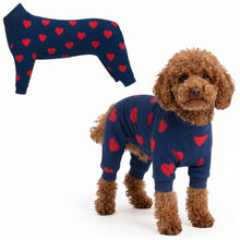 Dog wearing Hearts Comfort Pajamas, size XX-Small, full body coverage from chest to legs