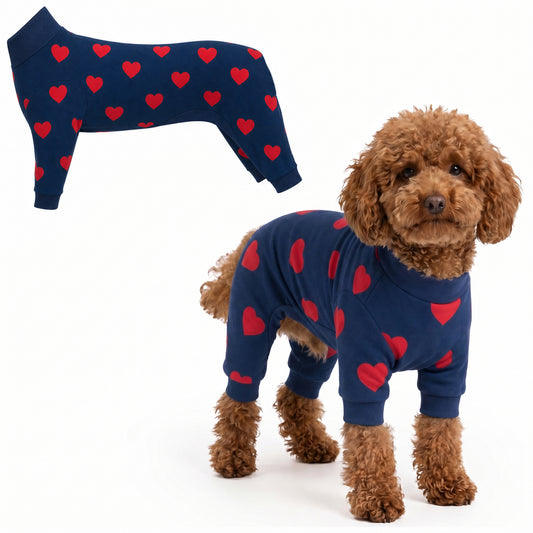 Dog wearing Hearts Comfort Pajamas, size XX-Small, full body coverage from chest to legs