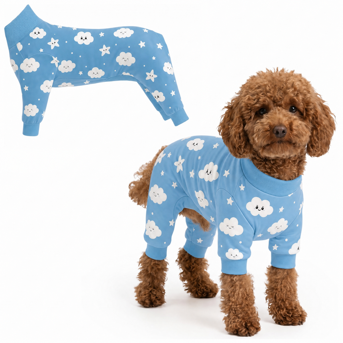 Dog wearing Cloudy Days Comfort Pajamas, size XX-Small, full body coverage from chest to legs
