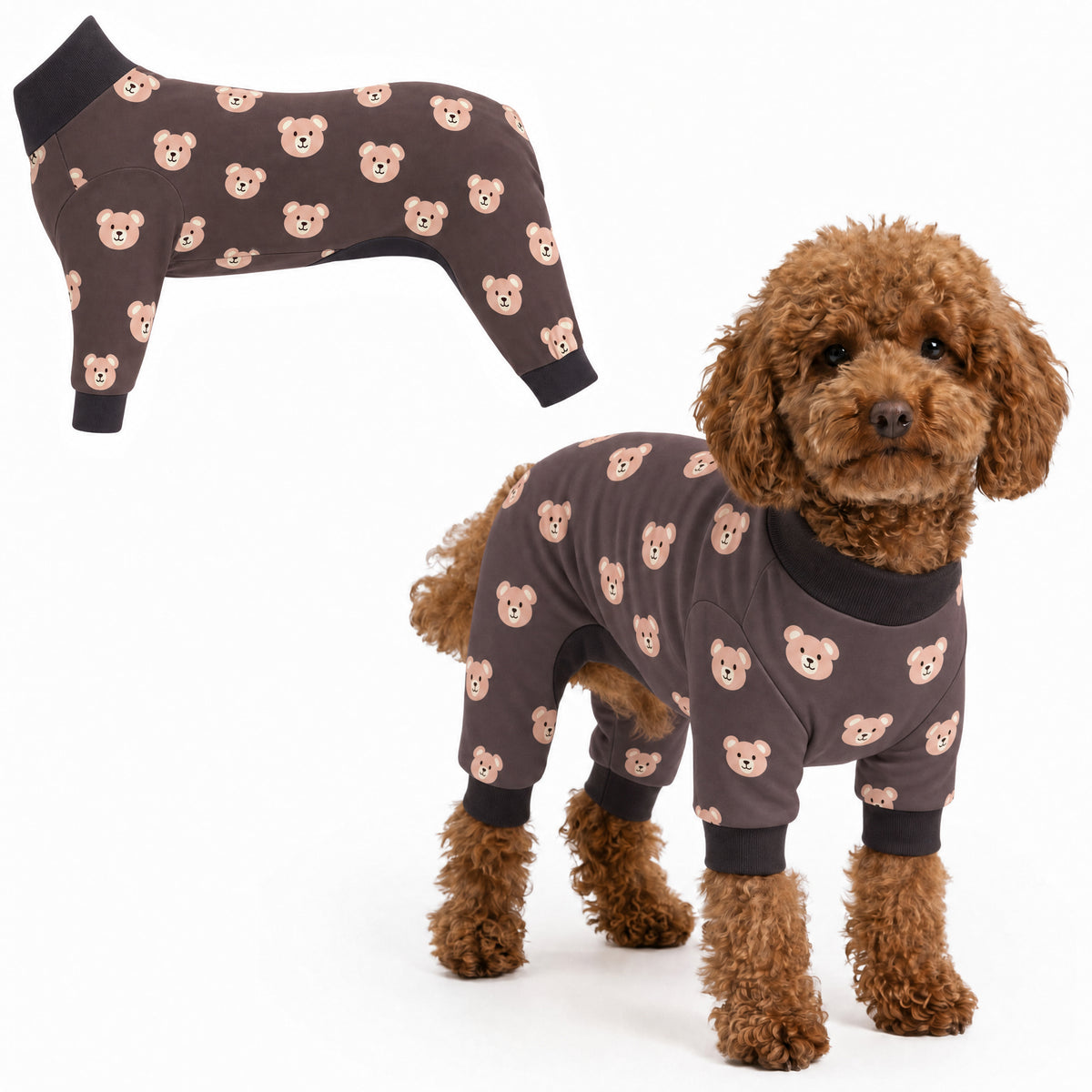 Dog wearing Cozy Bear Comfort Pajamas, size XX-Small, full body coverage from chest to legs
