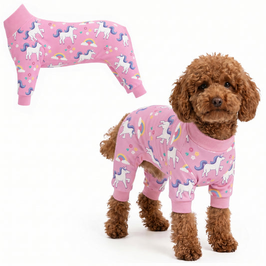 Dog wearing Unicorn Magic Comfort Pajamas, size XX-Small, full body coverage from chest to legs