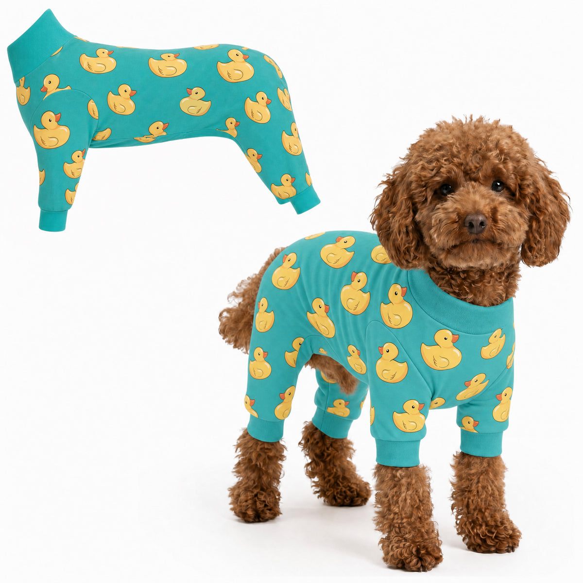 Dog wearing Duck Splash Comfort Pajamas, size XX-Small, full body coverage from chest to legs