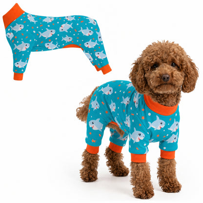 Dog wearing Shark Party Comfort Pajamas, size XX-Small, full body coverage from chest to legs