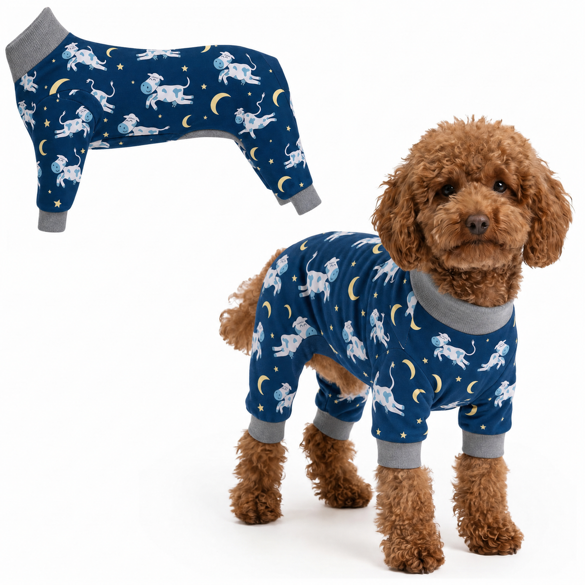 Dog wearing Dreamy Cows Comfort Pajamas, size XX-Small, full body coverage from chest to legs