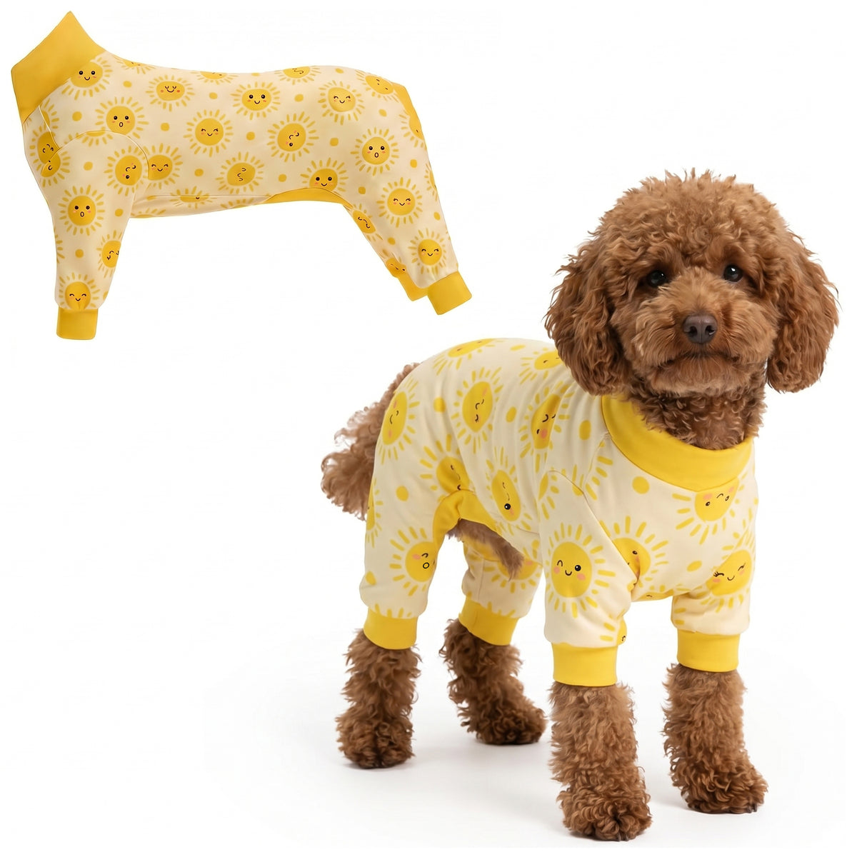 Dog wearing Happy Sunshine Comfort Pajamas, size XX-Small, full body coverage from chest to legs