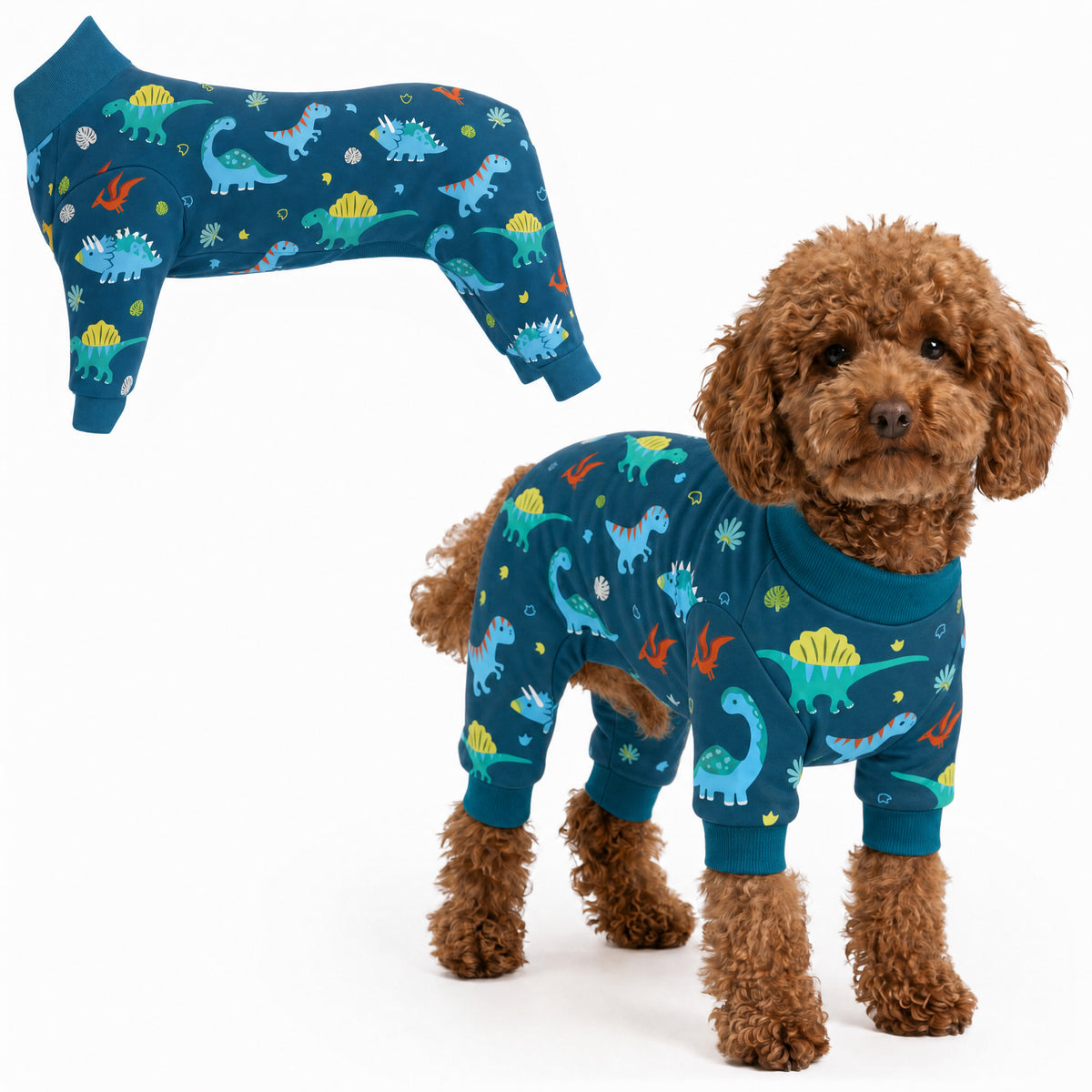 Dog wearing Dino World Comfort Pajamas, size XX-Small, full body coverage from chest to legs