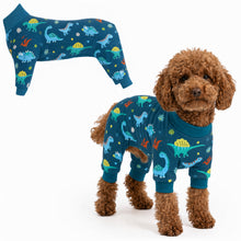 Dog wearing Dino World Comfort Pajamas, size XX-Small, full body coverage from chest to legs
